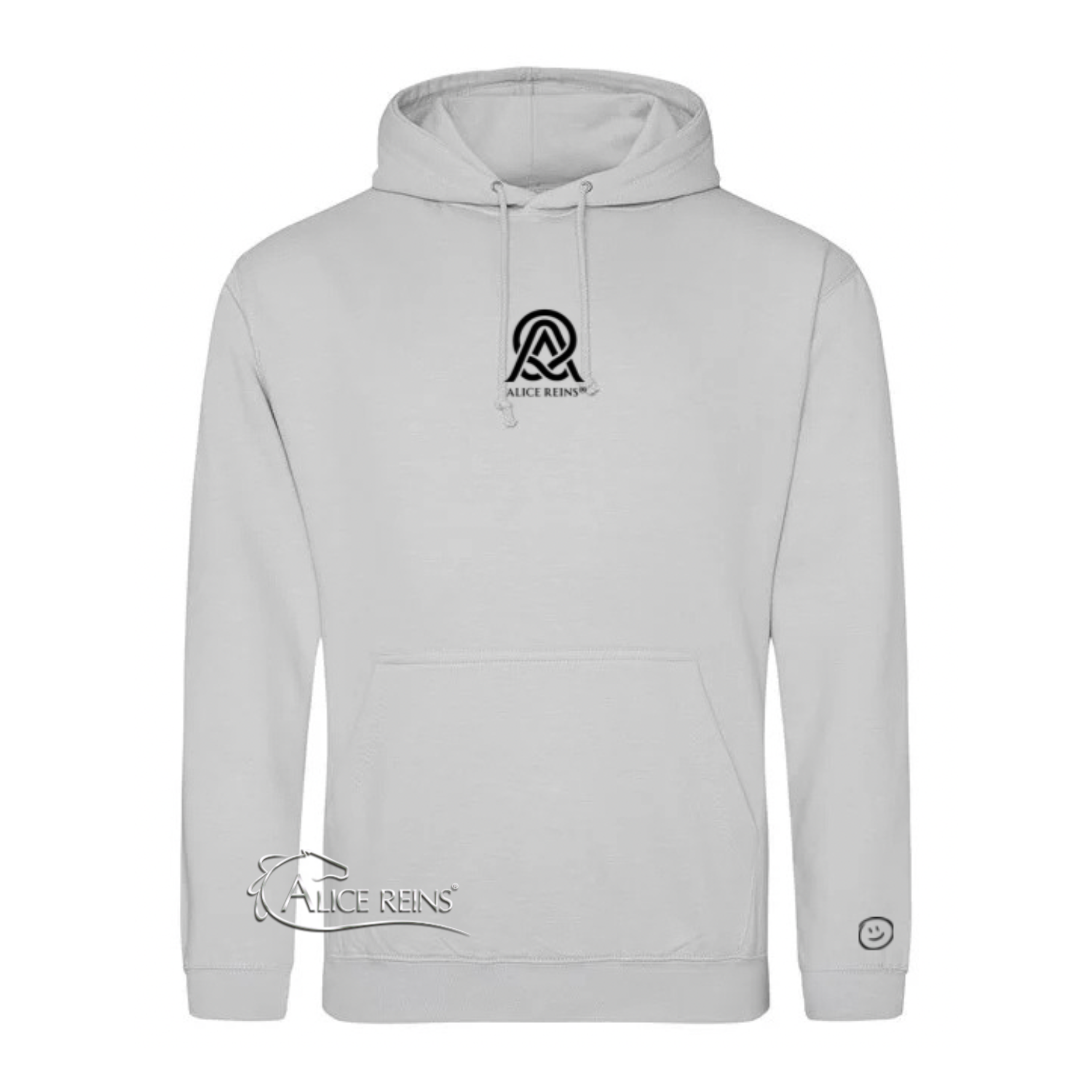 Alice Reins® Dusty Grey Hoodie with logo variation and smiley. Limited Edition