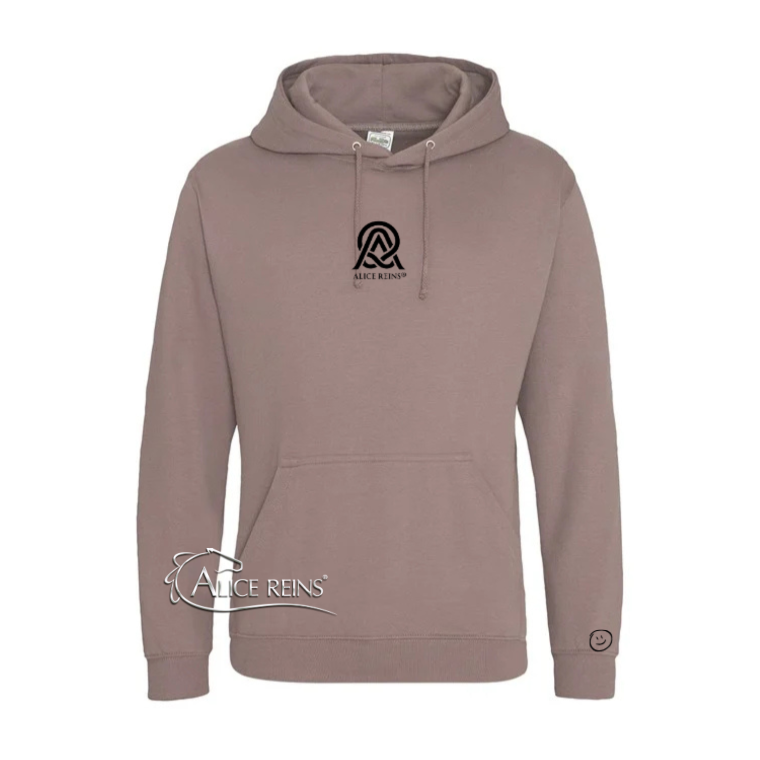 Alice Reins® Dusty Grey Hoodie with logo variation and smiley. Limited Edition