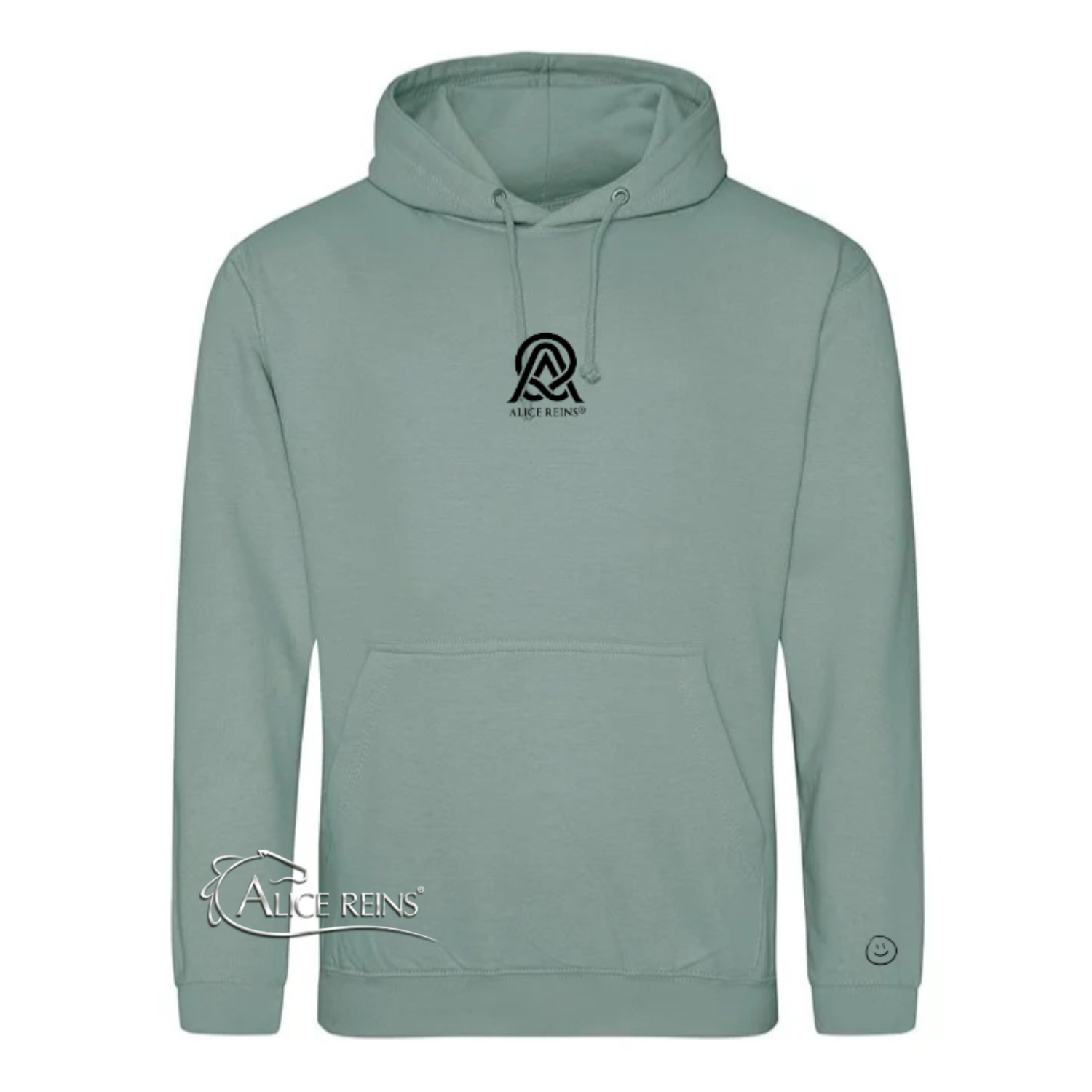 Alice Reins® Sage Green Limited Edition Hoodie with logo variation and smiley